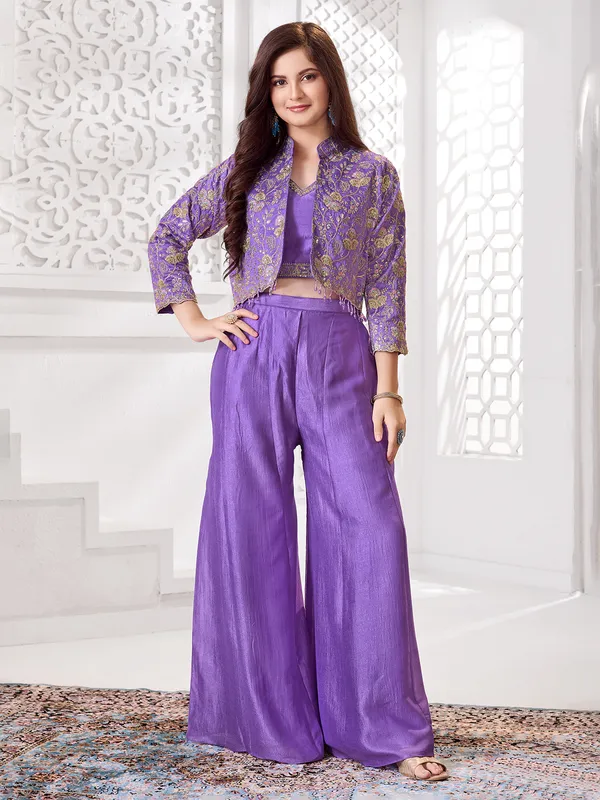 Purple jacket style silk palazzo suit for festive