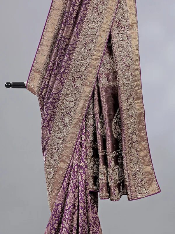 Purple kanjivaram silk blouse with cutdana and beads work