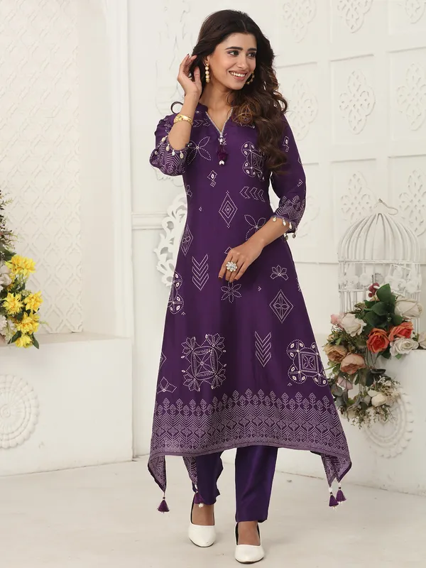 Purple kurti set in printed russian silk