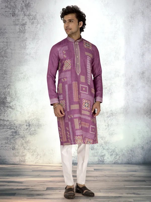 Purple linen cotton resham and sequins kurta suit