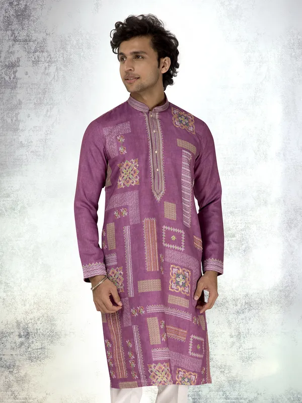 Purple linen cotton resham and sequins kurta suit