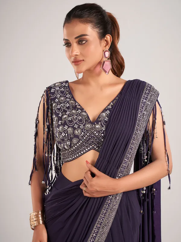 Purple lycra designer ready to wear saree