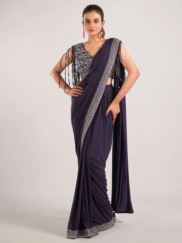 Purple lycra designer ready to wear saree