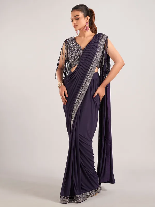 Purple lycra designer ready to wear saree