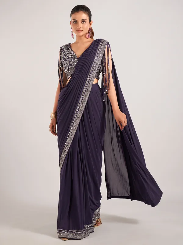 Purple lycra designer ready to wear saree