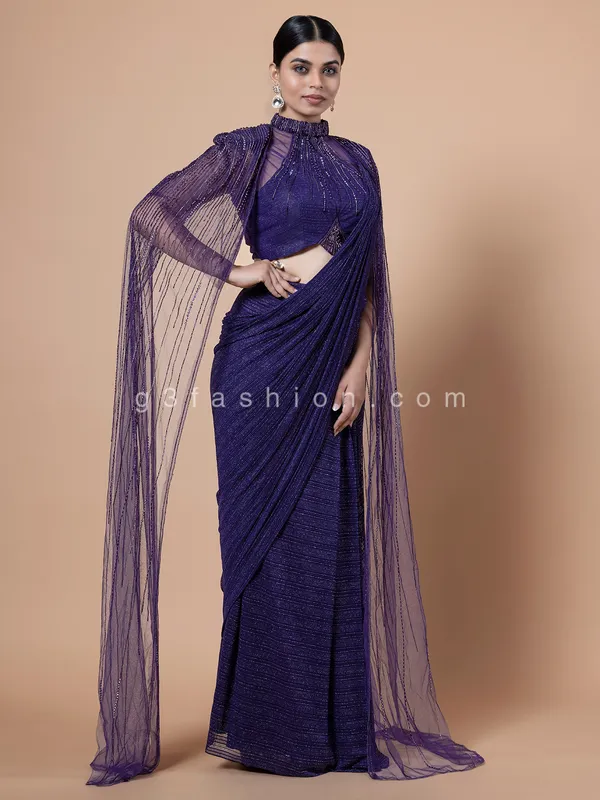 Purple lycra pre draped saree