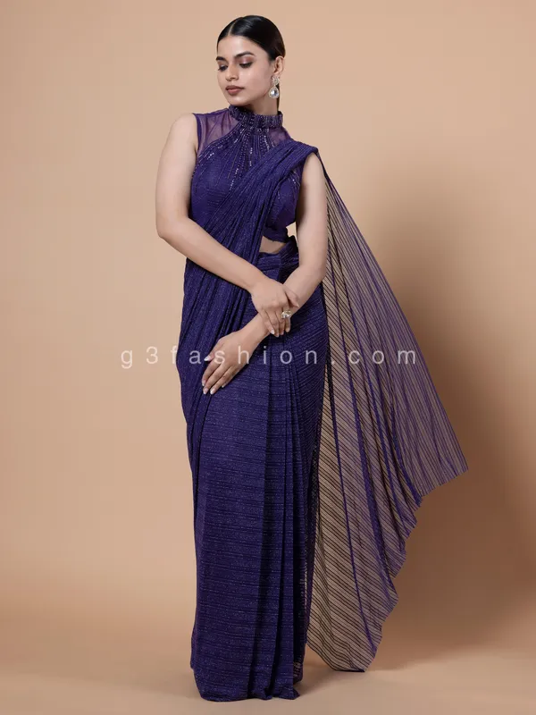 Purple lycra pre draped saree