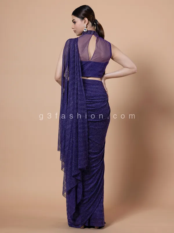 Purple lycra pre draped saree