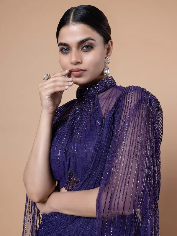 Purple lycra pre draped saree