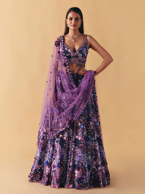 Purple net pearl and sequins lehenga choli