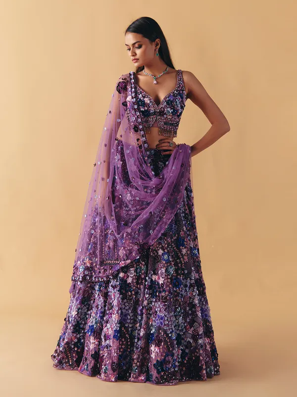 Purple net pearl and sequins lehenga choli