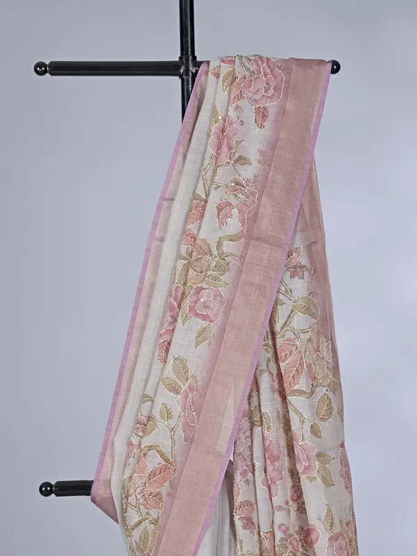 Purple off white printed tissue cotton saree with thread work