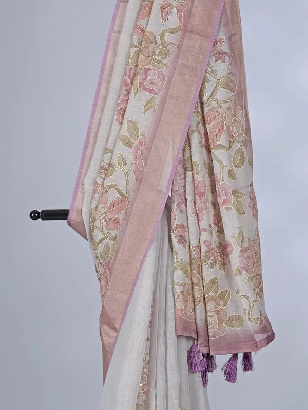 Purple off white printed tissue cotton saree with thread work