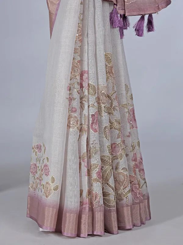 Purple off white printed tissue cotton saree with thread work