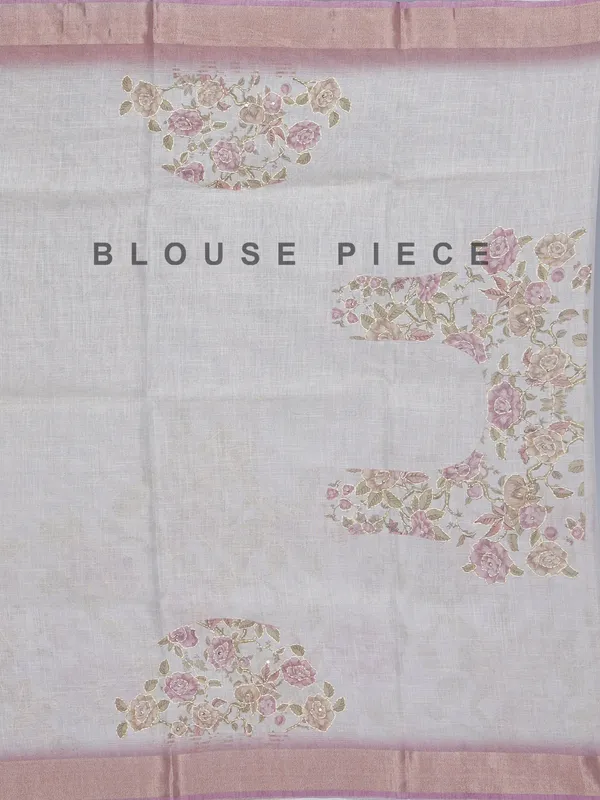 Purple off white printed tissue cotton saree with thread work