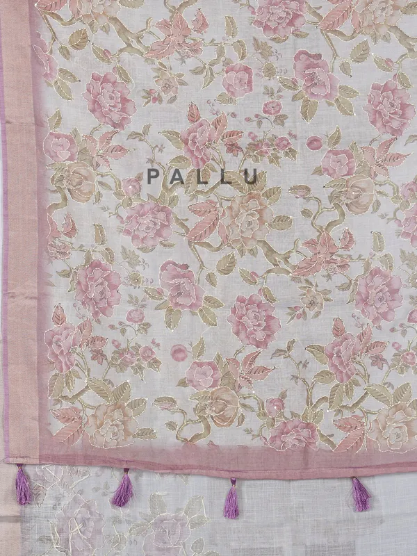 Purple off white printed tissue cotton saree with thread work