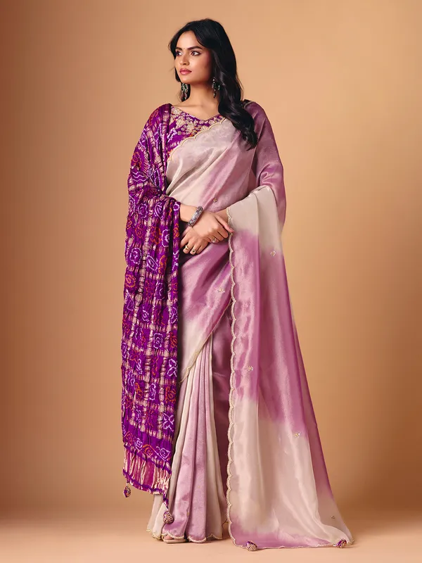 Purple off white shaded tissue saree