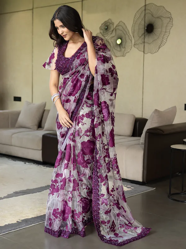 Purple organza saree for party wear