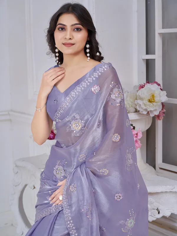 Purple organza saree with aabla and embroidery detailing