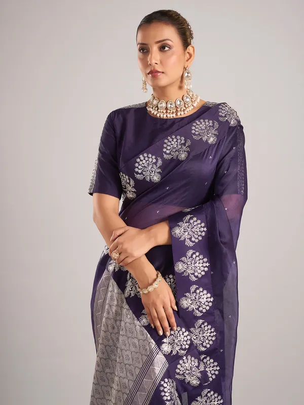 Purple organza saree with ready made blouse
