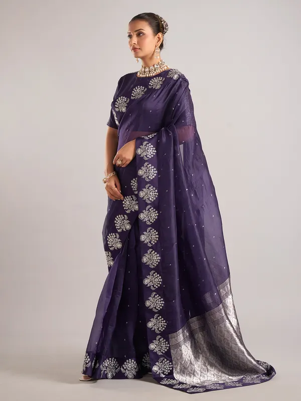 Purple organza saree with ready made blouse