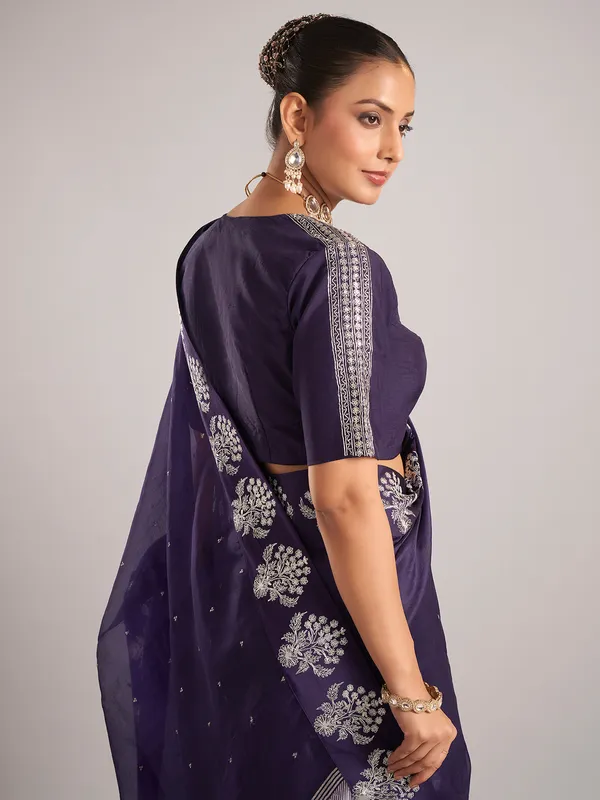 Purple organza saree with ready made blouse