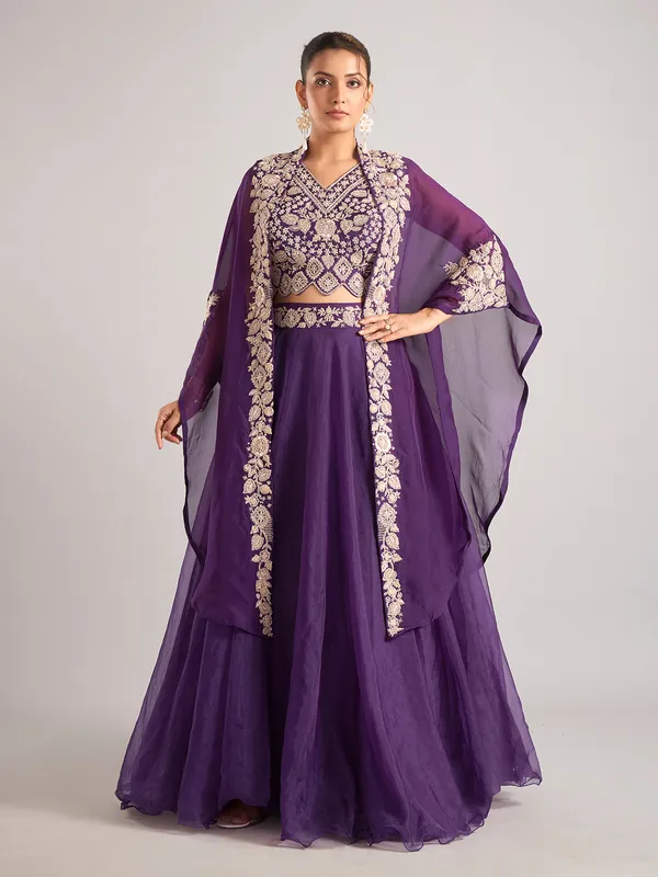 Purple organza shrug lehenga choli with resham work