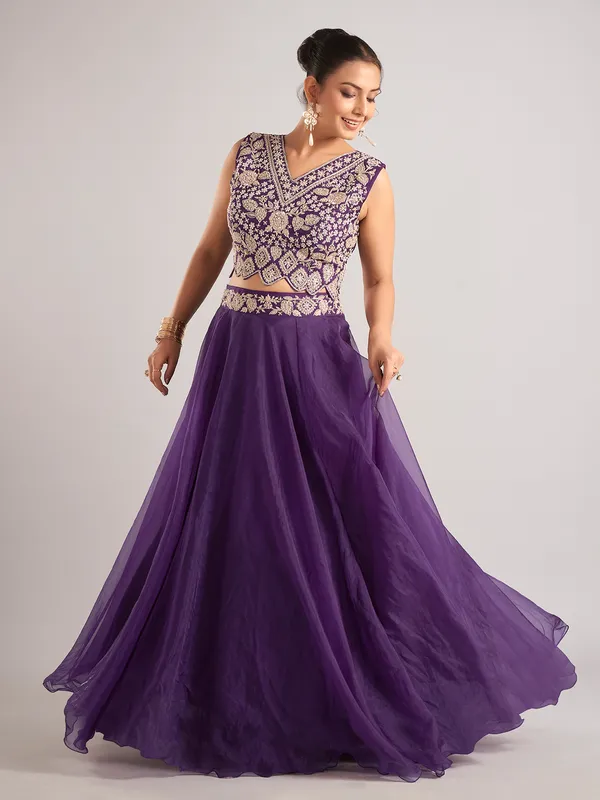 Purple organza shrug lehenga choli with resham work