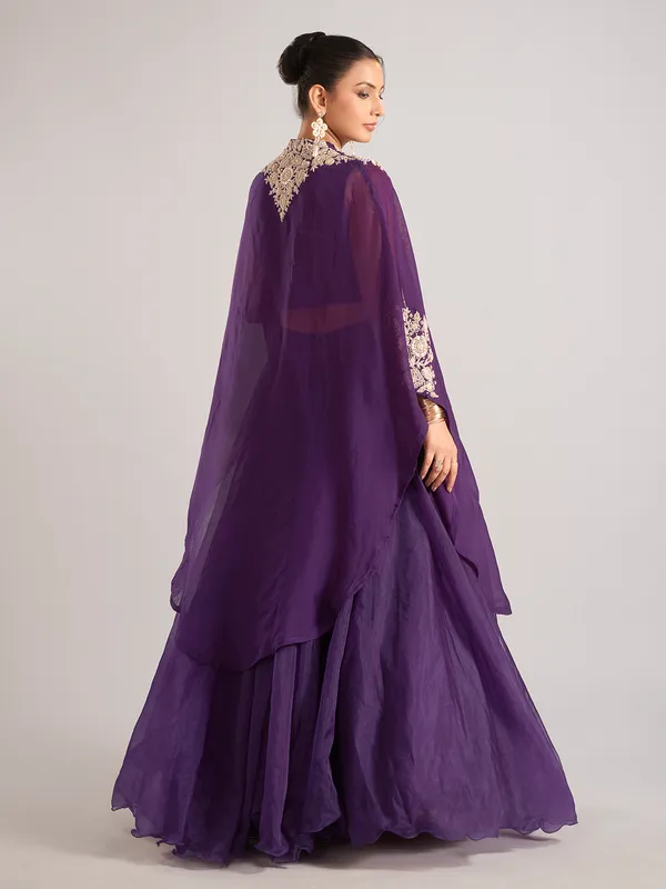 Purple organza shrug lehenga choli with resham work