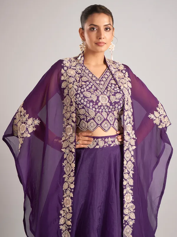 Purple organza shrug lehenga choli with resham work