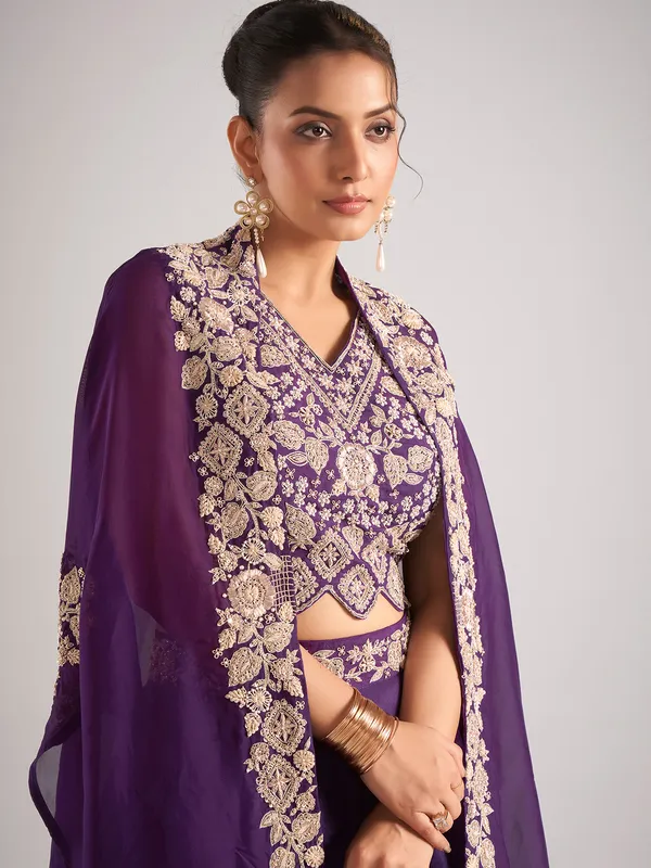 Purple organza shrug lehenga choli with resham work