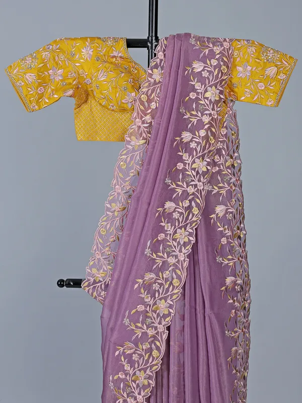 Purple organza wedding saree with stitched blouse
