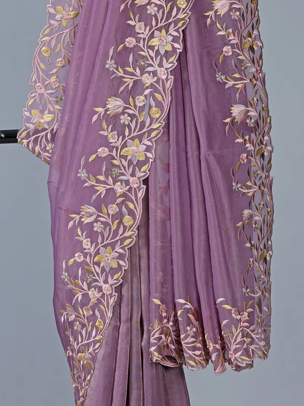 Purple organza wedding saree with stitched blouse