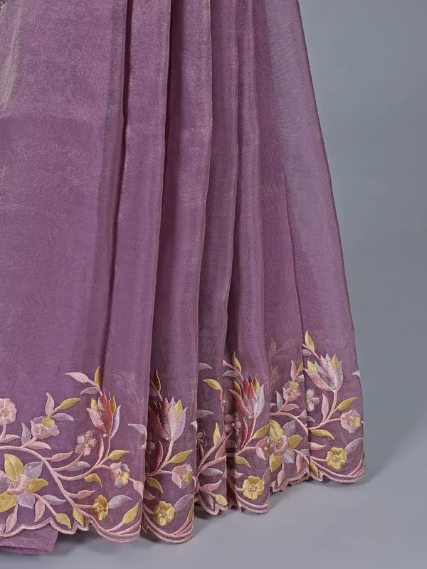 Purple organza wedding saree with stitched blouse