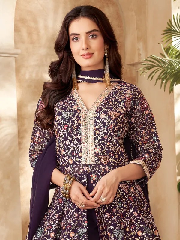Purple palazzo georgette with rich embroidery work
