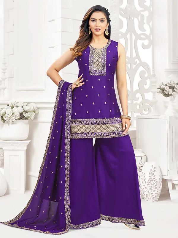 Purple palazzo suit in rich silk for wedding wear