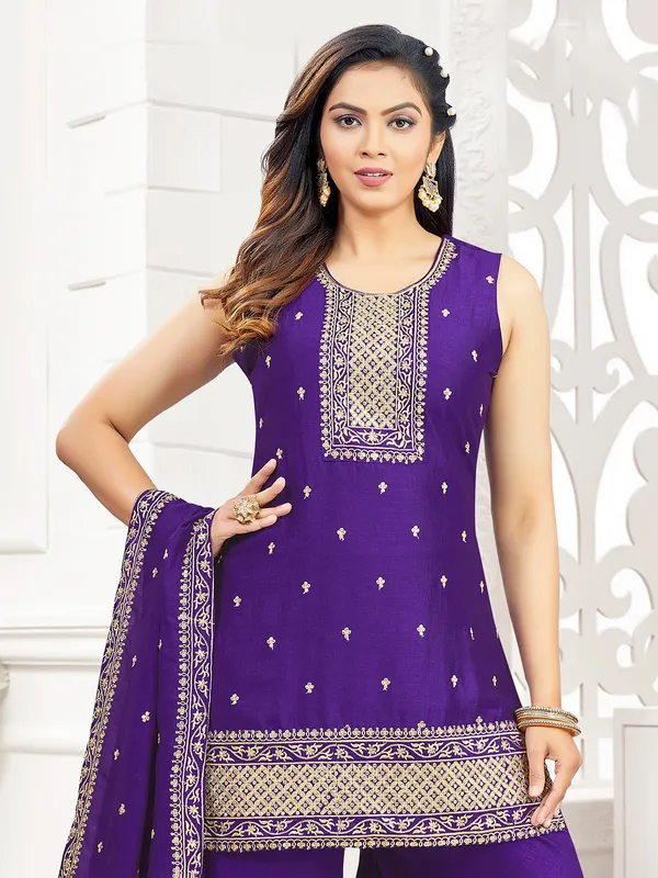 Purple palazzo suit in rich silk for wedding wear