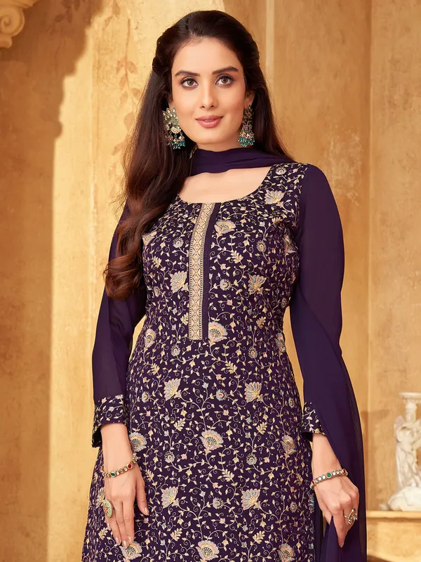 Purple palazzo suit in soft georgette for women with palazzo