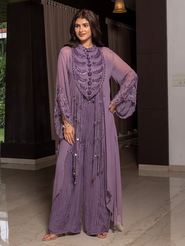 Purple party wear georgette palazzo suit for women