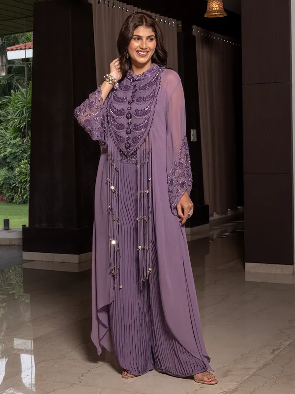 Purple party wear georgette palazzo suit for women