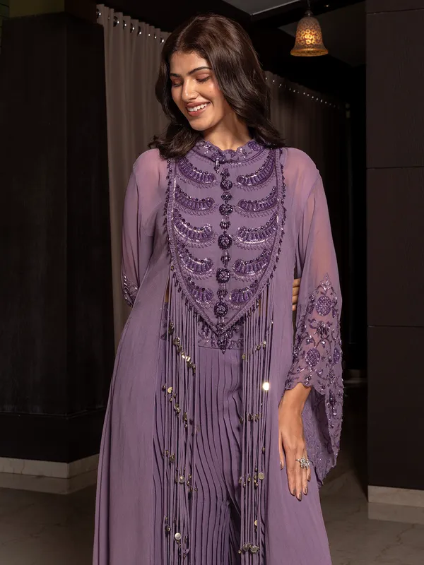 Purple party wear georgette palazzo suit for women