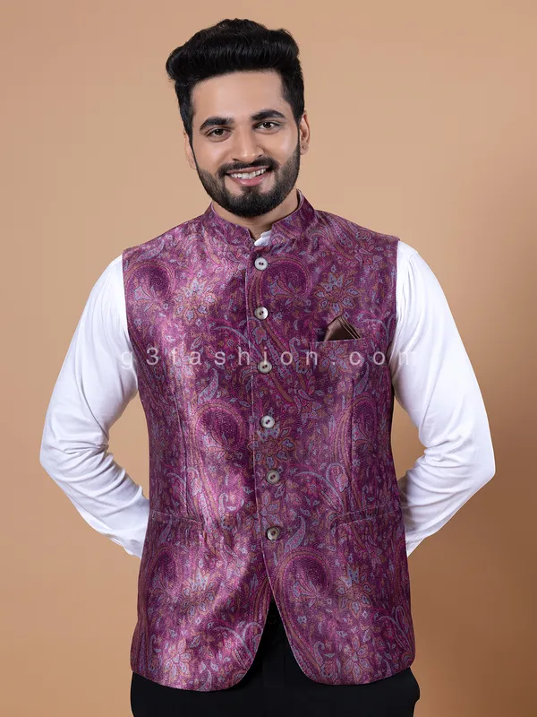Purple pashmina silk printed waistcoat