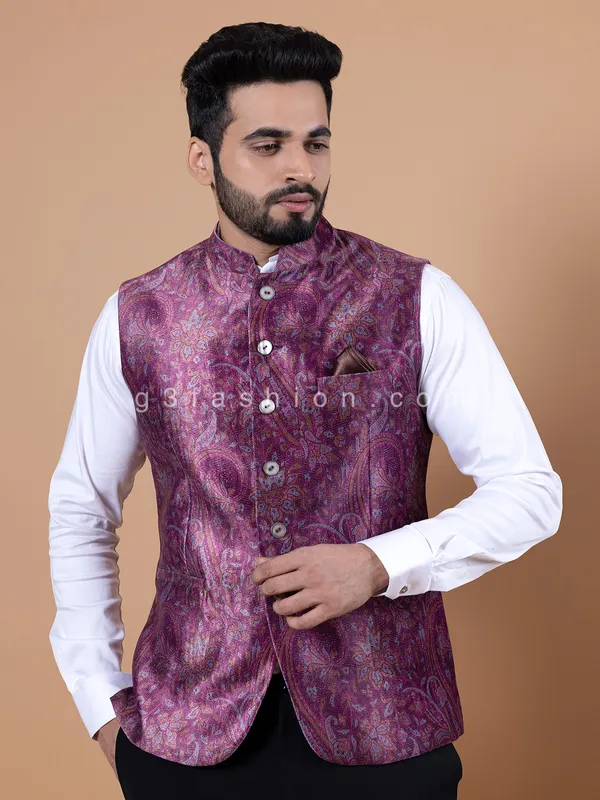 Purple pashmina silk printed waistcoat