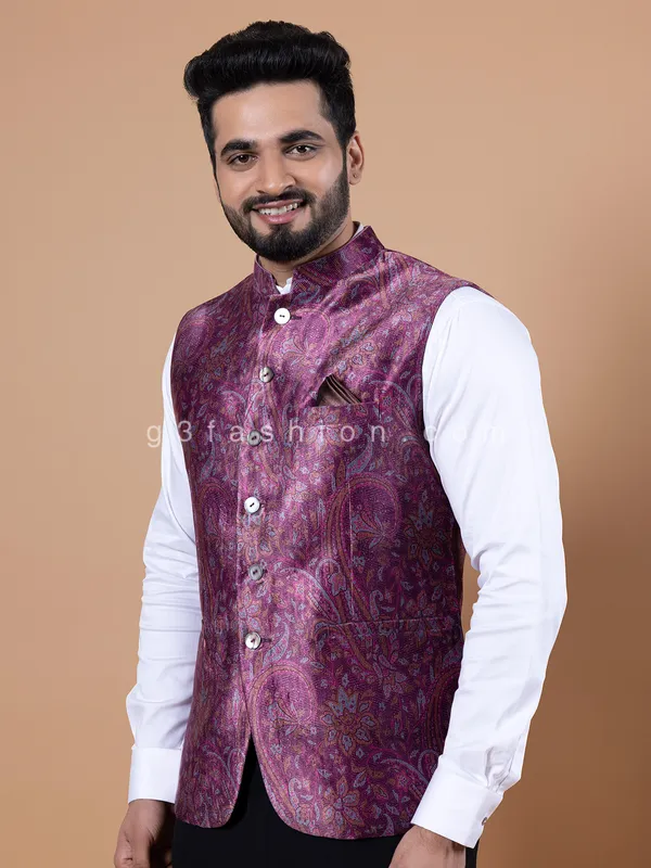 Purple pashmina silk printed waistcoat
