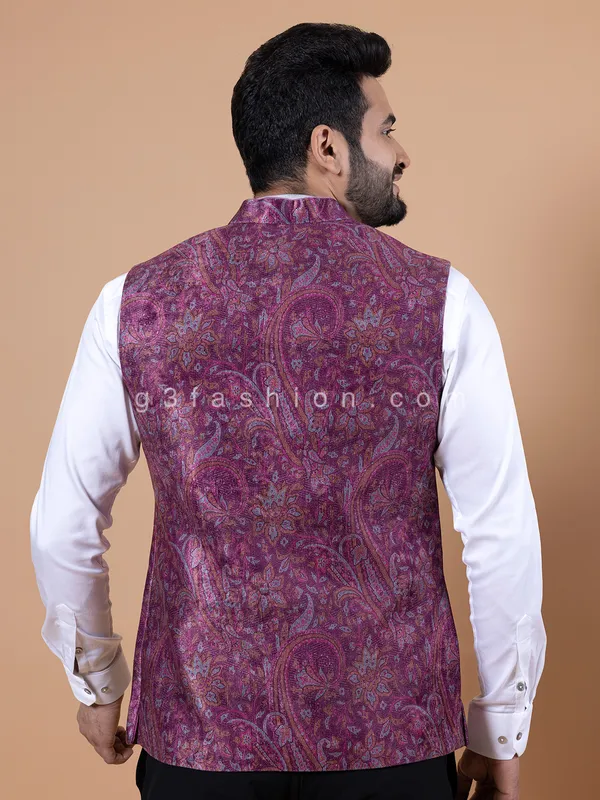 Purple pashmina silk printed waistcoat