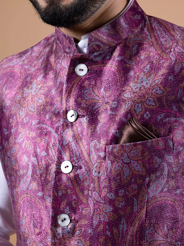 Purple pashmina silk printed waistcoat