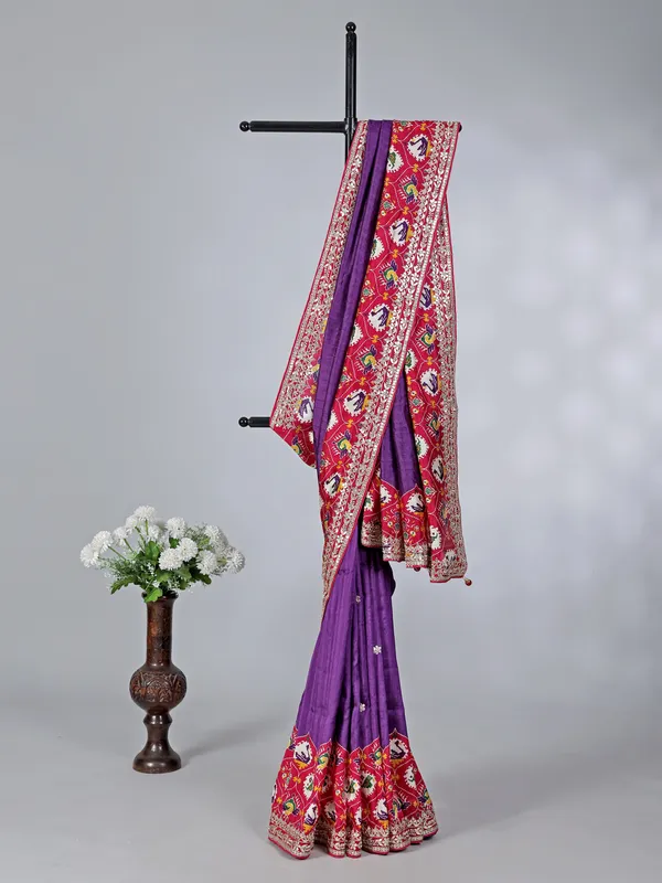 Purple pashmina silk wedding wear saree