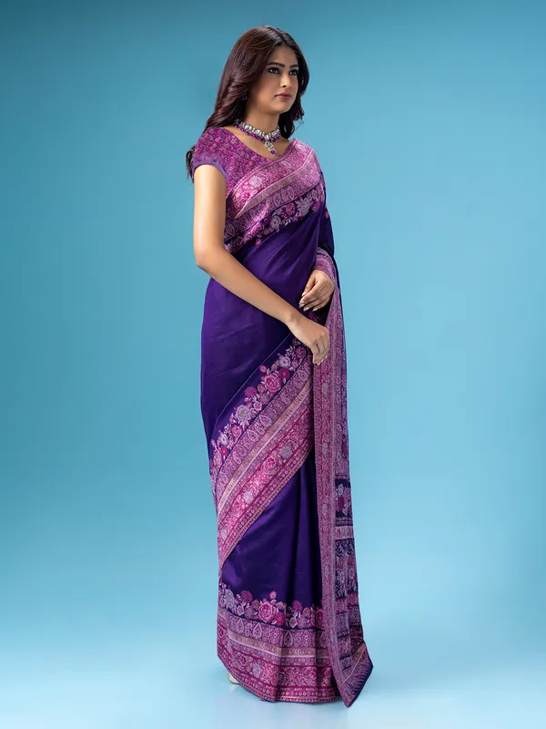 Purple pashmina wedding wear silk saree