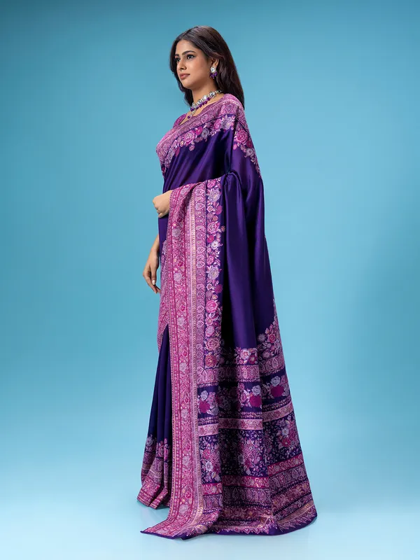 Purple pashmina wedding wear silk saree
