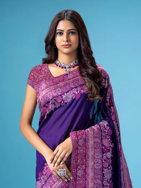 Purple pashmina wedding wear silk saree